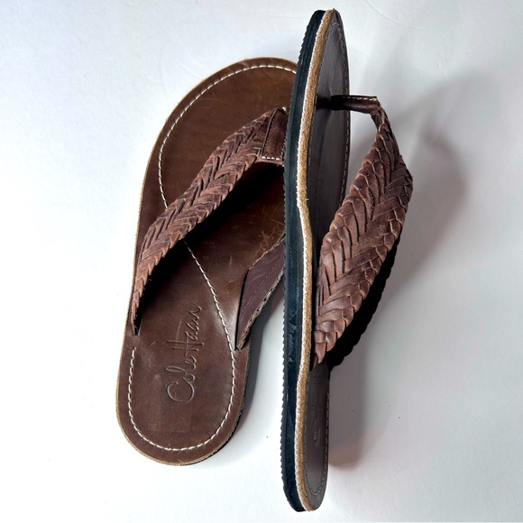 Men’s COLE HAAN Braided Brown Genuine Leather Thong Flip Flops Sandals Sz 9M - Picture 7 of 13